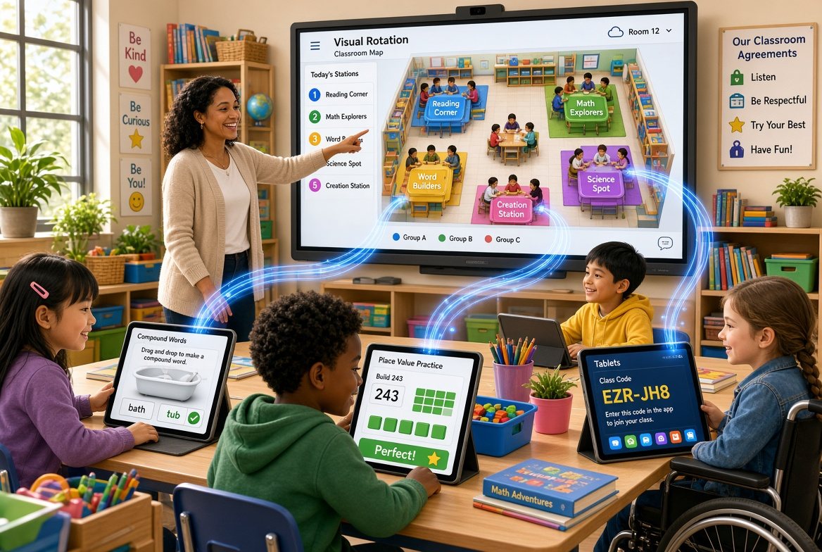 Students using apps on tablets while the rotation is on the board